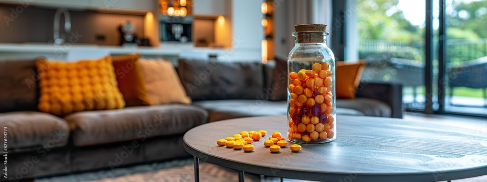 Colorful Pills Spilling From Bottle On Table In Clean Modern Kitchen Colorful Pills Spilling From Bottle On Table In Clean Modern Kitchen