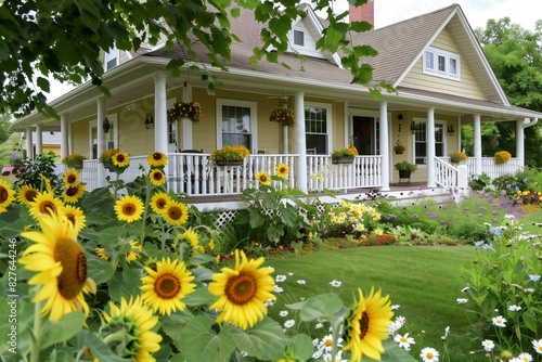 A charming suburban bungalow with a wraparound porch, white railings, and a garden filled with sunflowers and daisies. © Counter