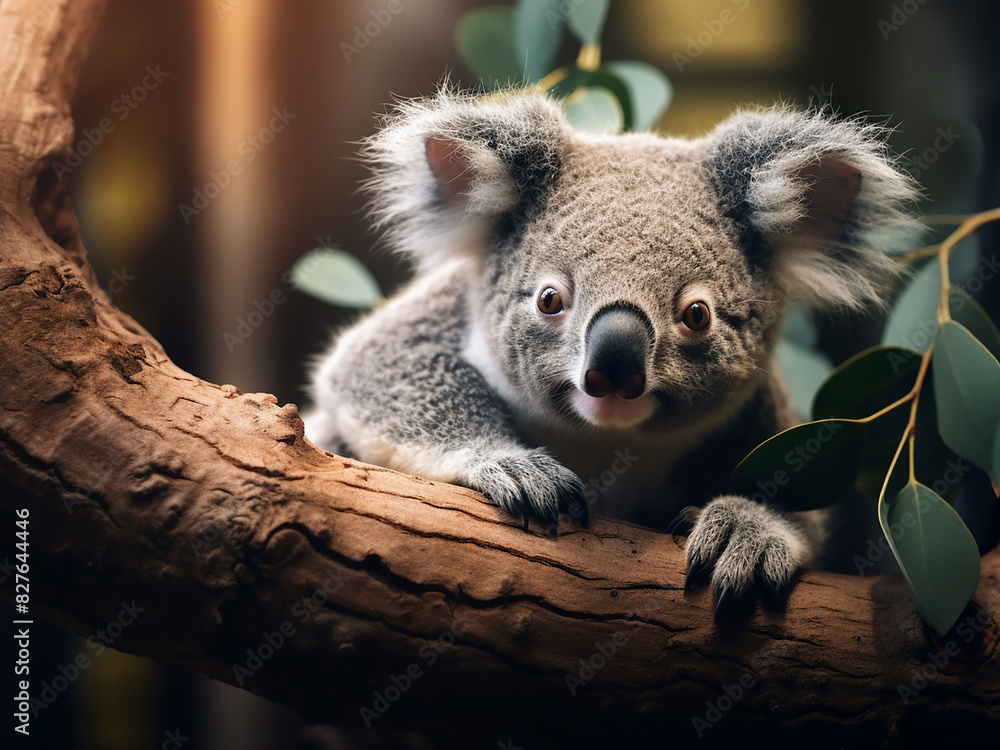 Fototapeta premium Adorable koala captured perched on eucalyptus tree in its Australian habitat