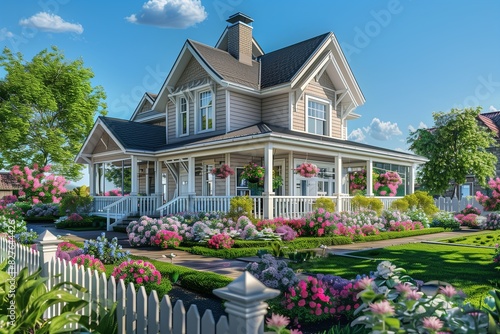 A charming suburban house with a wrap-around porch, white picket fence, and blooming flower beds, under a bright sunny day.