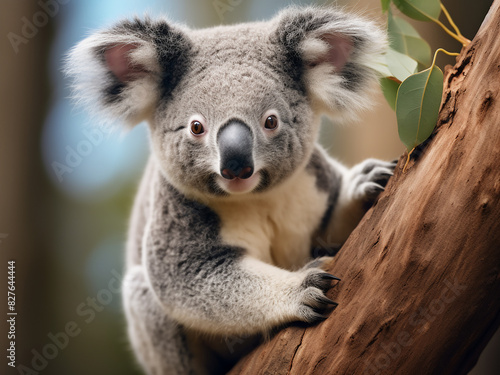 Cute koala depicted resting on eucalyptus tree branch in Australia's natural setting