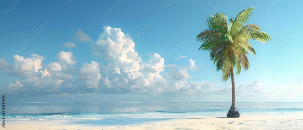 Fototapeta premium The photo shows a beautiful beach with white sand, blue water and a palm tree
