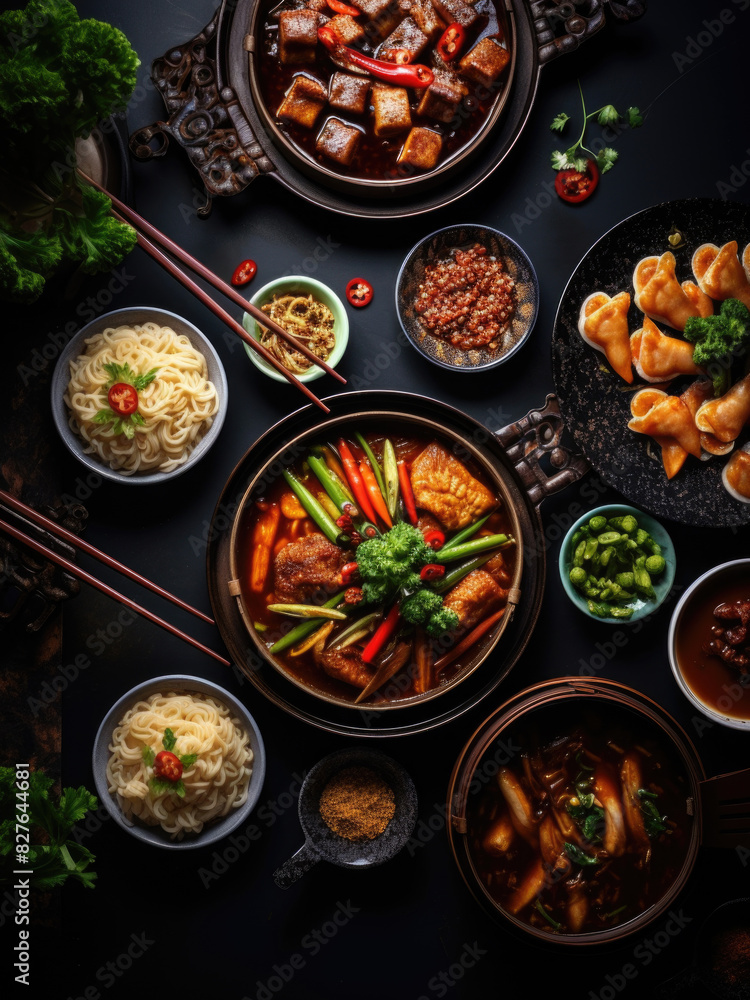 A table full of Asian food with chopsticks and bowls. Scene is inviting and delicious