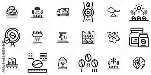 Mega Set Of Vector Coffee Production Vector Symbols Apps, Websites Ui Designs Suitable For Coffee,Beans,Fry,Production,Grinding Stroke Icon Collection. Vector Illustration