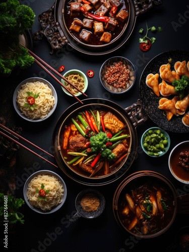 A table full of Asian food with chopsticks and bowls. Scene is inviting and delicious