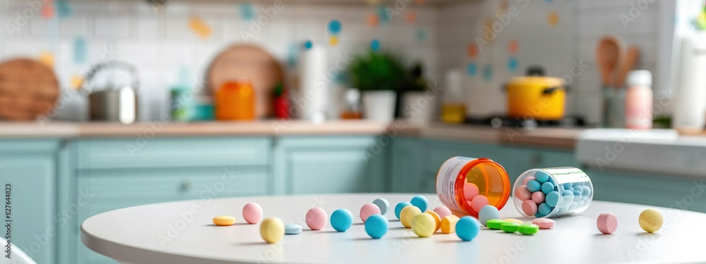 White Bottle With Multicolored Pills On Wooden Table In Kitchen White Bottle With Multicolored Pills On Wooden Table In Kitchen