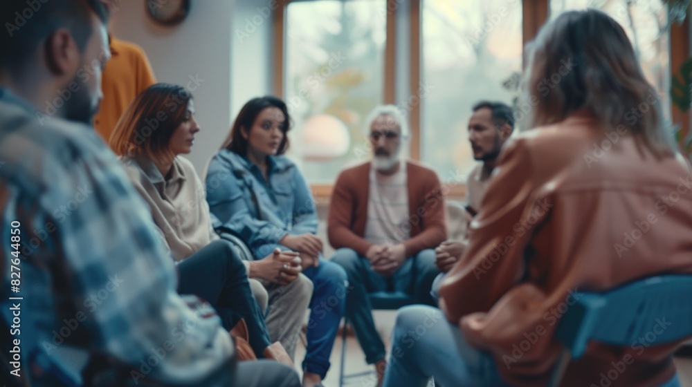 Obraz premium A group of people are sitting in a circle and talking to each other. Scene is friendly and social