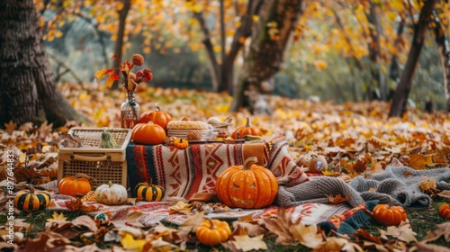 An outdoor autumn picnic setup with a blanket covered in crochet pumpkins and leaves  surrounded by fall foliage