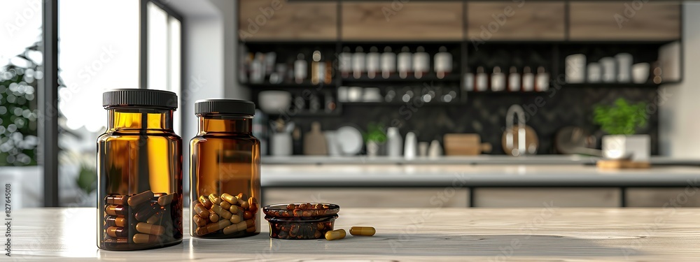 Colorful Capsules And Tablets In Glass Jars On Living Room Table Colorful Capsules And Tablets In Glass Jars On Living Room Table