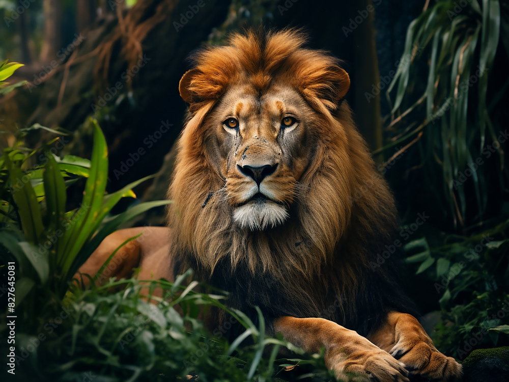 Amidst Africa's jungle, a lion's presence dominates the scene Amidst Africa's jungle, a lion's presence dominates the scene