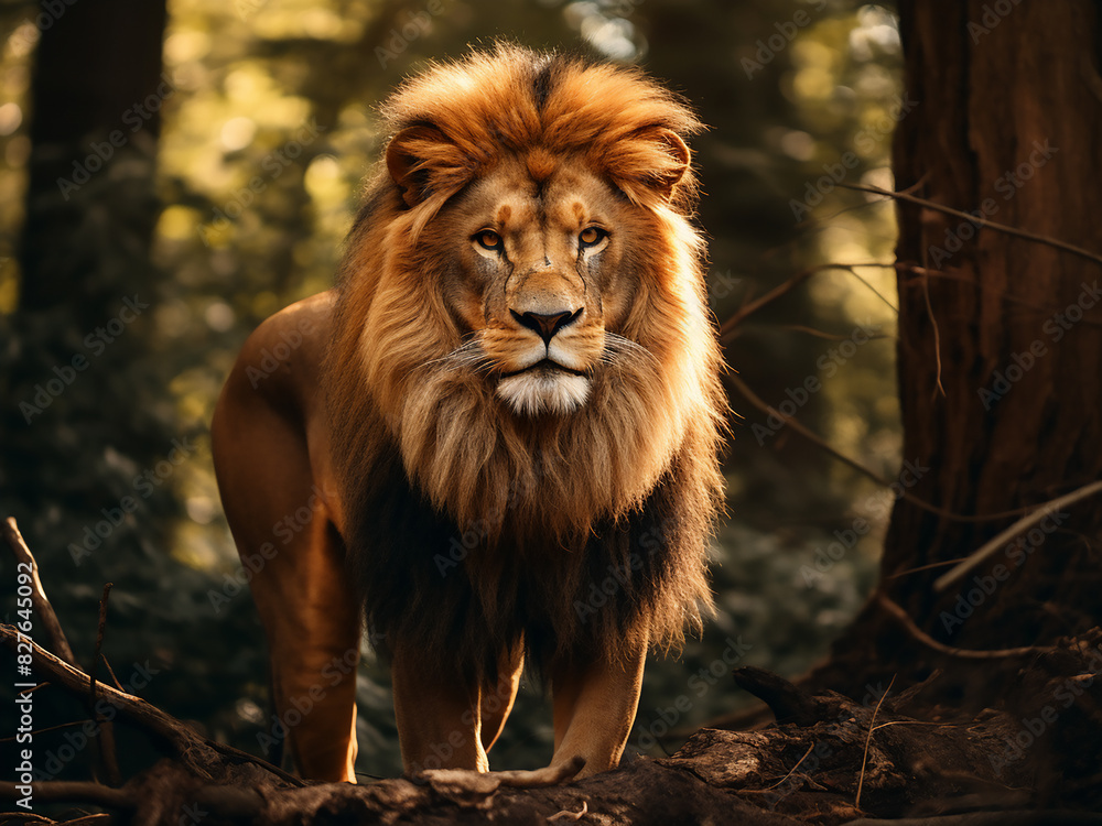 A lion's majesty captured amidst the natural allure of the forest A lion's majesty captured amidst the natural allure of the forest