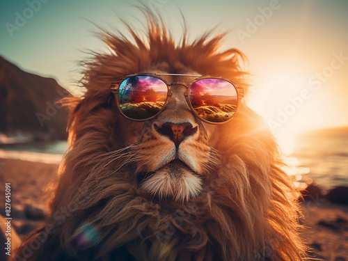 A lion, cool and collected, wears shades against a beach sunset photo
