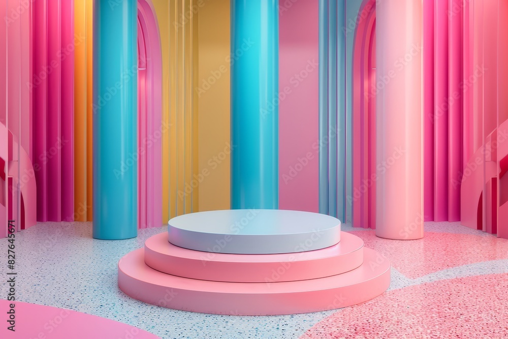 A colorful room with a pink, blue, and yellow archway A colorful room with a pink, blue, and yellow archway