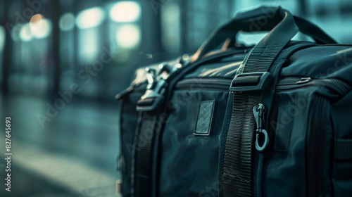 Close-Up Of A Traveler's Black Duffel Bag In An Atmospheric Train Station. Generative AI