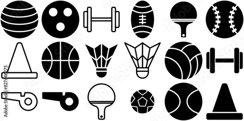 Set Of Linear Ball And Sport Element Icons Silhouette Vector Logo Design Containing Ball,Sport,Sports-Ball,Game,Football Vector Icon Set Linear Pictogram Pack