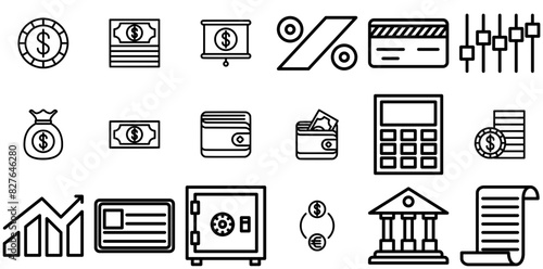 Mega Set Of Vector Banking Bold Line Set Icons Web Header Banner Design Containing Money,Dollar,Coin,Cash,Bill Stroke Icon Collection. Vector Illustration