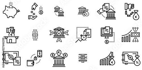 Set Of Linear Banking Business And Finance Icons Web Header Banner Design Containing Crypto,Online-Banking,Trading,Deposit,Certificate Business Infographic Elements Logo Vector Illustration