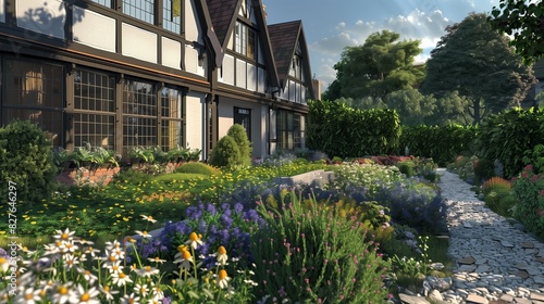 A classic suburban house with a Tudor-style design, half-timbered walls, leaded glass windows, and a garden filled with a mix of wildflowers and meticulously arranged shrubs, © Counter