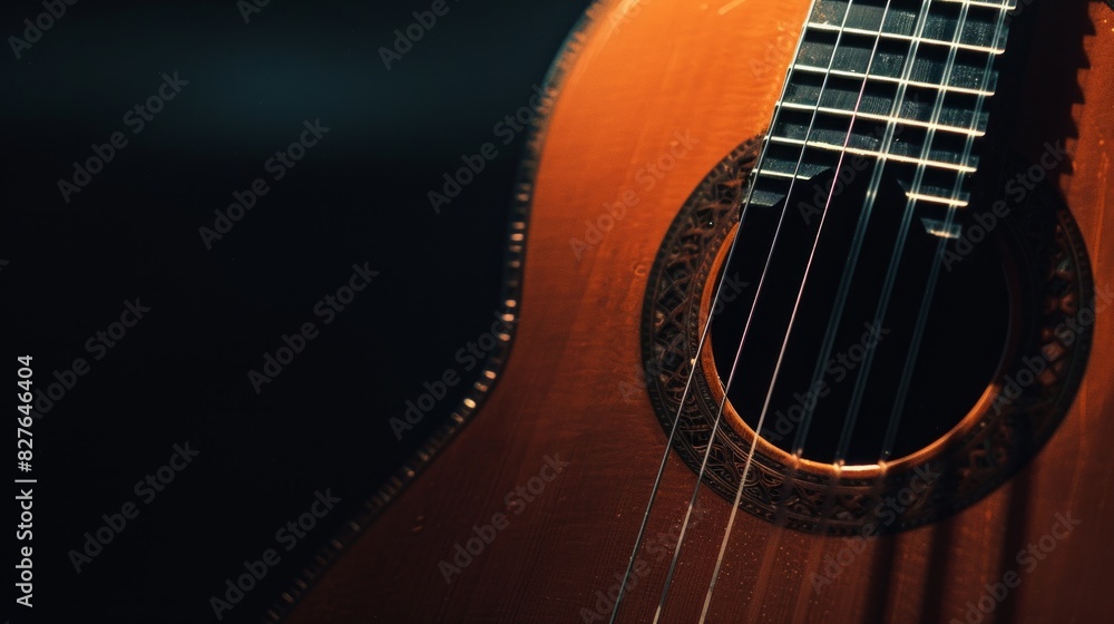 Obraz premium Acoustic guitar on a black background (with copy space)