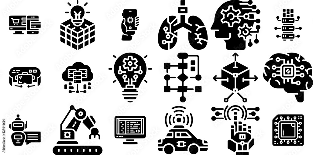A Collection Of Artificial Intelligence Solid Icons Web Header Banner Design Containing Artificial-Intelligence,Electronics,Technology,Data,Robot Solid Icon Collection. Vector Illustration A Collection Of Artificial Intelligence Solid Icons Web Header Banner Design Containing Artificial-Intelligence,Electronics,Technology,Data,Robot Solid Icon Collection. Vector Illustration