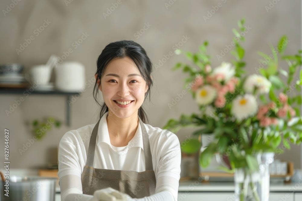 Japanese woman wearing an apron is cleaning the kitchen counter with white gloves on her hands Japanese woman wearing an apron is cleaning the kitchen counter with white gloves on her hands