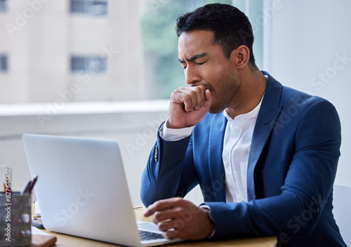 Papier peint Yawn, tired or business man on laptop in office with burnout, overwork or project deadline email