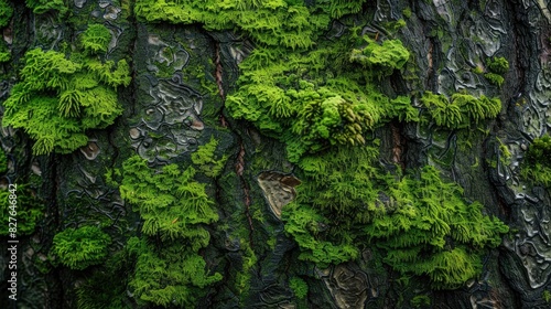 Green moss adorns tree bark