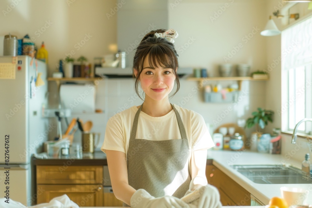 Japanese woman wearing an apron is cleaning the kitchen counter with white gloves on her hands Japanese woman wearing an apron is cleaning the kitchen counter with white gloves on her hands