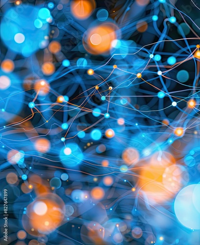 The image shows a glowing blue and orange neural network with glowing blue and white circles in the background.