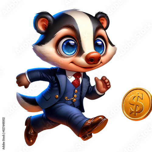 Adorable cartoon badger in a business suit running after a dollar coin, perfect for financial and business themes.