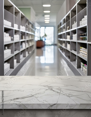 person in library, an empty marble table counter with medicines healthcare product arranged on shelves in drugstore blurred defocused background wallpaper Pharmacy photo
