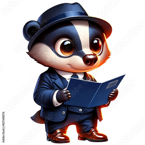 Cartoon badger in a suit and hat, holding a folder. Professionally dressed animal character on a white background.