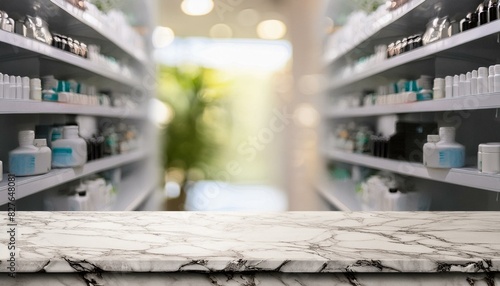 person in a pharmacy,  an empty marble table counter with medicines healthcare product arranged on shelves in drugstore blurred defocused background wallpaper Pharmacy photo