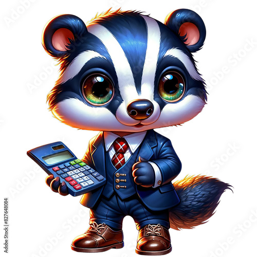 Adorable cartoon badger in a business suit holding a calculator, perfect for finance, accounting, and educational themes.