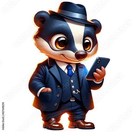 Adorable cartoon badger in a business suit and hat using a smartphone, perfect for business and technology themes.