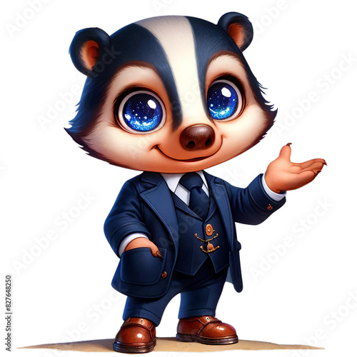 Cute cartoon badger dressed in a business suit, smiling and gesturing, ideal for business, education, and children's themes.