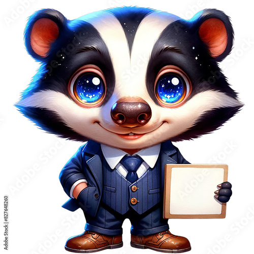Adorable cartoon badger in a business suit holding a blank sign, perfect for customizable messages and business themes.