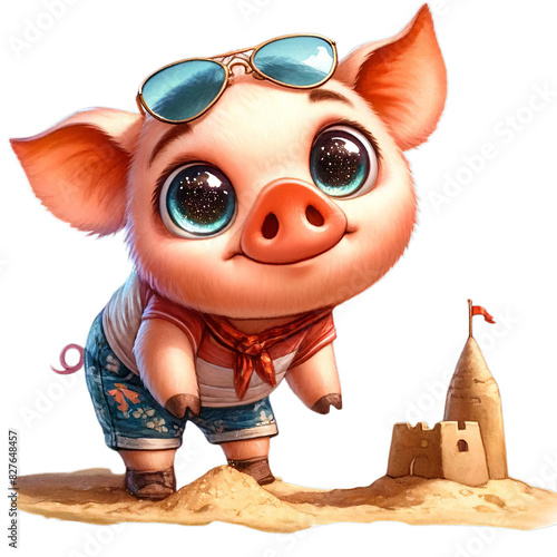 Adorable piglet wearing sunglasses and beach attire, standing beside a sandcastle, with big sparkling eyes.