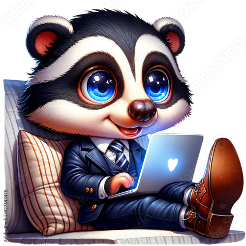 Cute cartoon raccoon dressed in a suit, using a laptop, sitting comfortably on a couch.