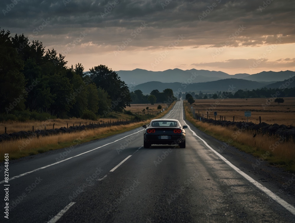 A sleek sports car drives down a picturesque country road at dusk, surrounded by lush greenery and mountains in the distance, perfect for conveying freedom and adventure. A sleek sports car drives down a picturesque country road at dusk, surrounded by lush greenery and mountains in the distance, perfect for conveying freedom and adventure.