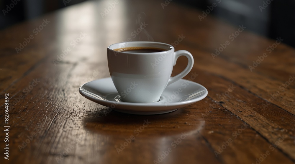 Elegant white coffee cup with steaming hot espresso placed on a rustic wooden table, offering a perfect blend of warmth and sophistication for coffee lovers and caf?-themed imagery. Elegant white coffee cup with steaming hot espresso placed on a rustic wooden table, offering a perfect blend of warmth and sophistication for coffee lovers and caf?-themed imagery.