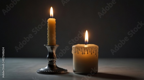 Elegant lit candles illuminate the dark ambiance, featuring a classic taper candle in a stylish holder and a dripped wax pillar candle, perfect for creating a warm, cozy atmosphere. photo