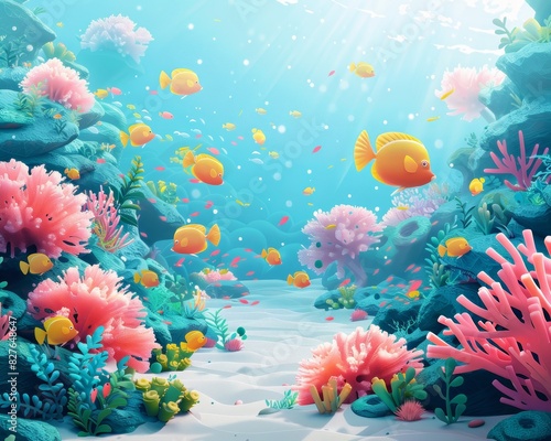 Underwater world. Colorful fishes swim near a beautiful coral reef. © Rossarin