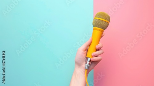A hand holding a yellow microphone on a pastel colored background with copy space for text or design,