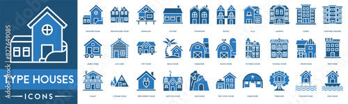 Type Houses icon. Detached House, Semi House, Bungalow, Cottage,T ownhouse, Duplex, Villa, Mansion, Condo and Apartment Building photo