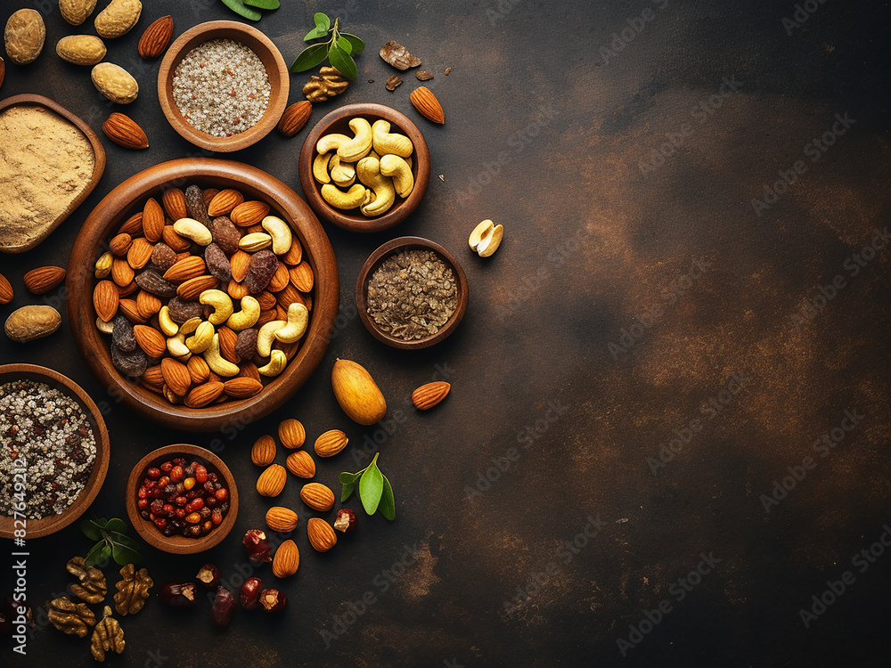 Nuts, raisins, and almonds displayed in a mortar offer a tempting spread Nuts, raisins, and almonds displayed in a mortar offer a tempting spread