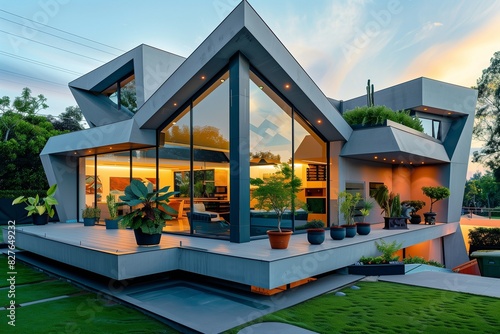 A sleek, modern suburban house with a geometric design, a rooftop terrace with potted plants, and large windows overlooking a landscaped backyard, © Counter