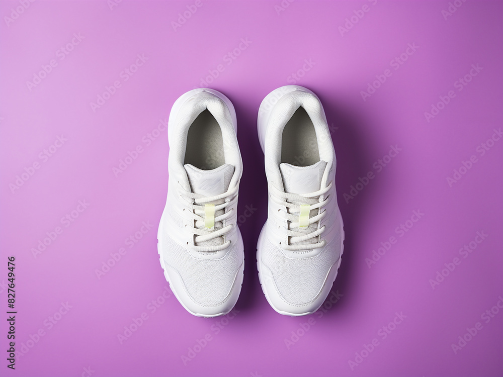 Fitness setup white shoes, dumbbells on green mat, purple background Fitness setup white shoes, dumbbells on green mat, purple background