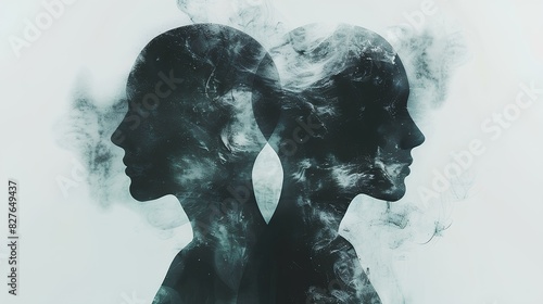 The concept of split personality captured in a striking image of two head silhouettes, symbolizing the intricate nature of dissociative identity disorder and psychological duality. photo