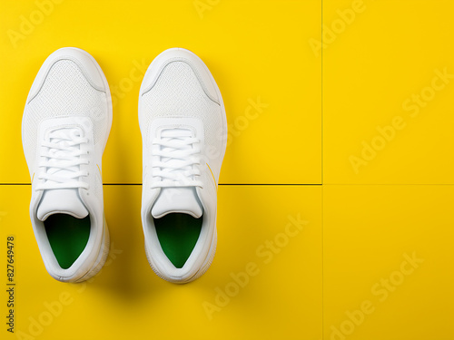 Workout scene white sneakers on green mat against yellow photo